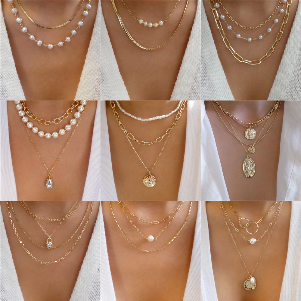 Pearl Choker Necklace Vintage - Modne pozłacane geometryczne koraliki kryształowy wielowarstwowy