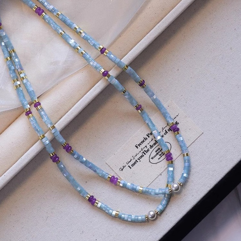 Pearl Choker Necklace Vintage - Nietypowe niebieskie naturalne kamienie, muszle, fioletowe